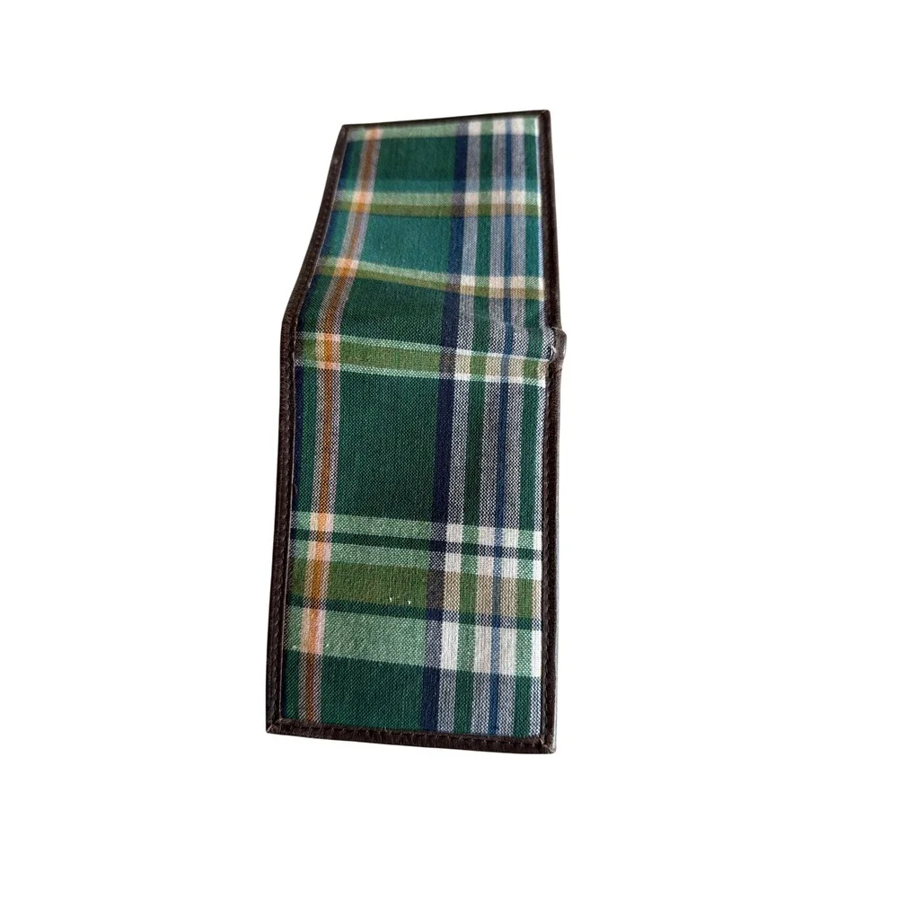 Bifold Wallet‎ Green Plaid Fabric Brown Genuine Leather 6 Card Slots